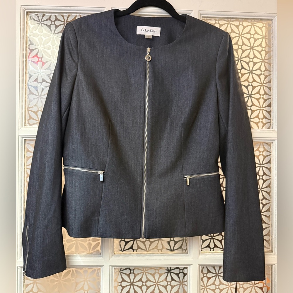 Calvin Klein indigo dark blue denim look zip blazer size 10 NWT